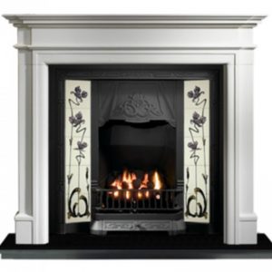 Any Black Tiled Insert and Bartello Limestone Fireplace
