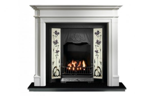 Any Black Tiled Insert and Bartello Limestone Fireplace