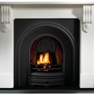 Crown and Carved Corbel Limestone Fireplace